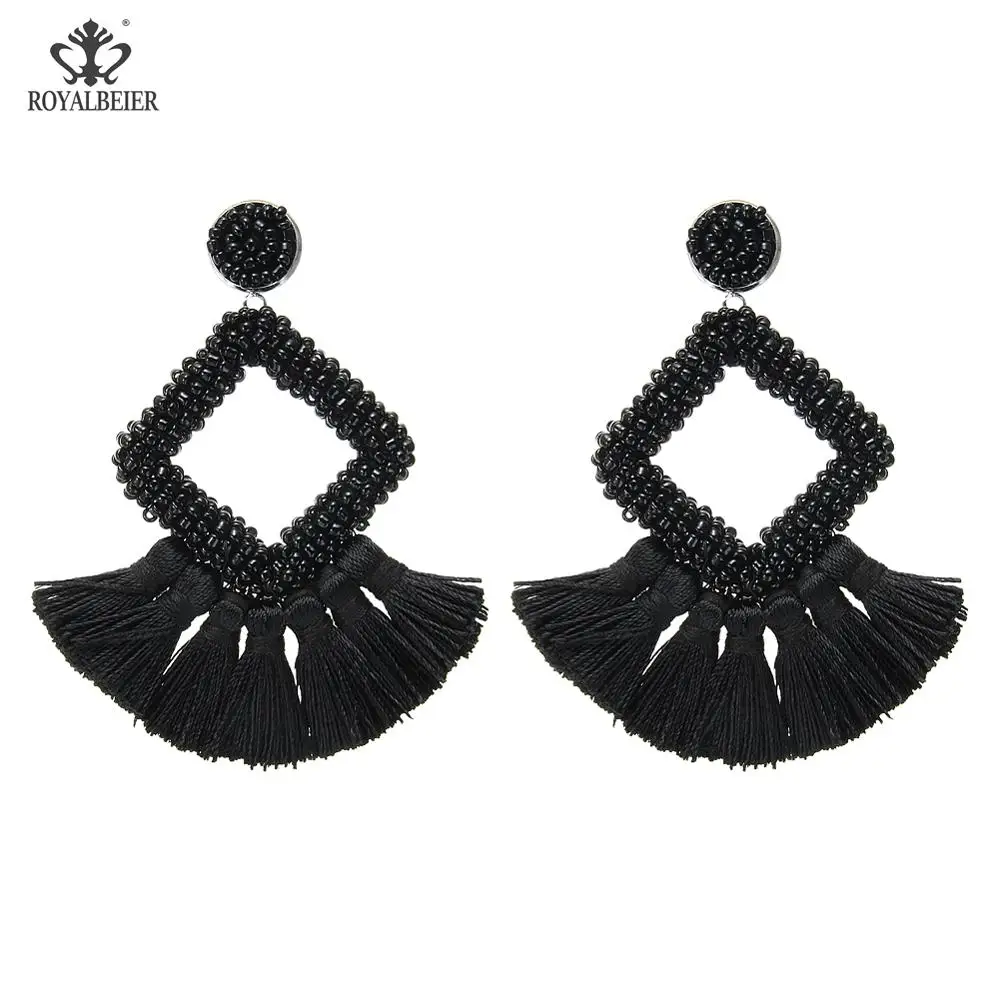 

ROYALBEIER Bohemia Black Tassel Dangle Earrings for Women Black Beaded Pendant Drop Earrings Statement Earrings Party Gift