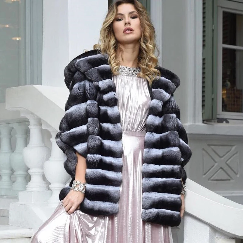 2022 New Real Fur Coat Women Winter Fashion Whole Skin Genuine Rex Rabbit Fur Jacket Stand Collar Chinchilla Color Fur Overcoats