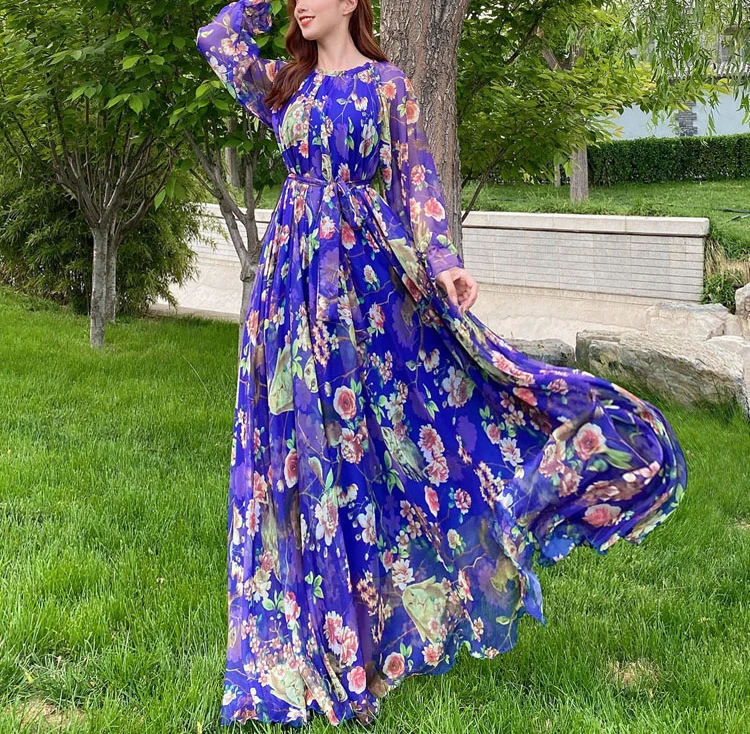 

Maxi Dress Floral Printed Loose Chiffon Fashion Abaya Islamic Clothes Muslim Female Saudi Arabia Dubai Kaftan Long Dress Summer