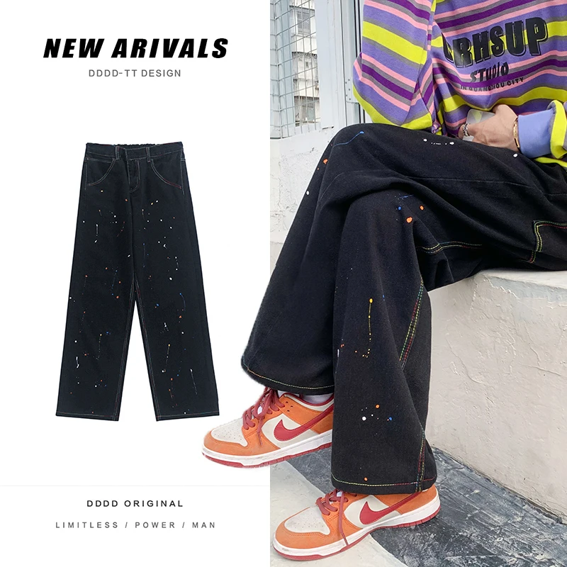 

Men's Graffiti Jeans New Streetwear Straight Jean Pants Men Casual Pants Couple Baggy Jeans Denim Trousers Black/ Light blue