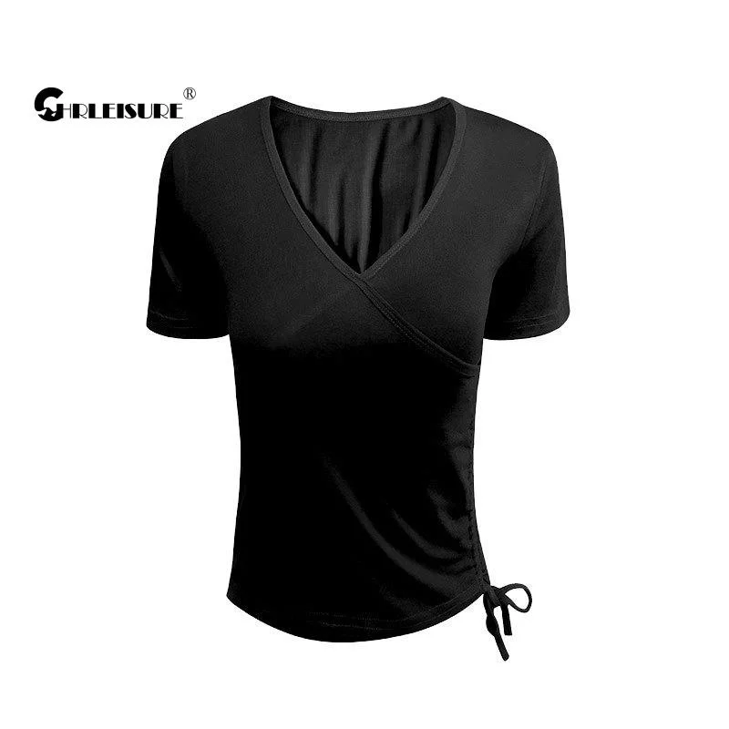 

Chrleisure Slim t Shirt Women Sexy v Neck Drawstring Running Short Sleeve Breathable Quick Dry Casual Yoga Top