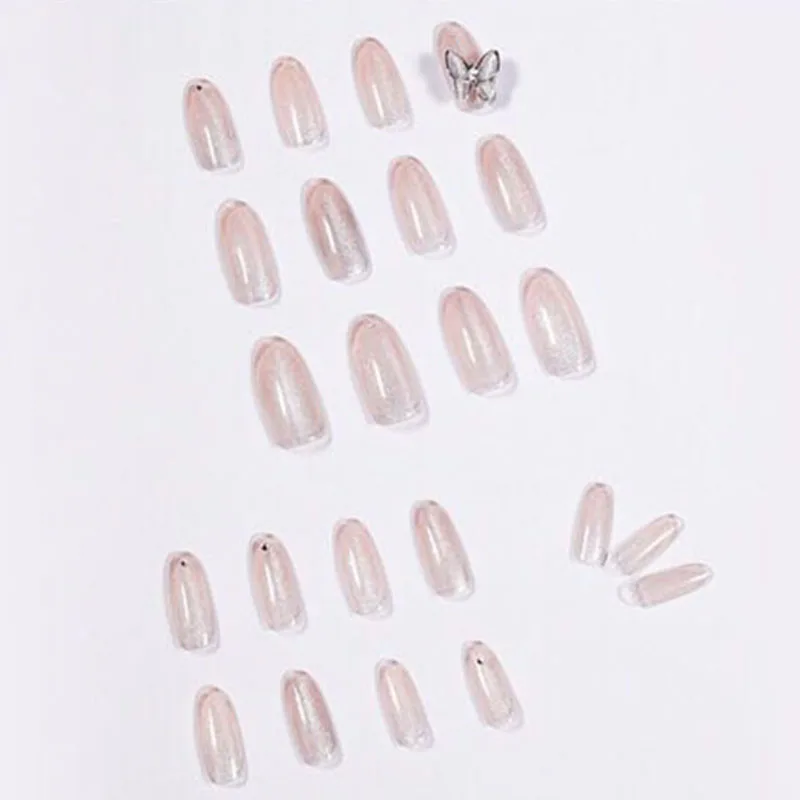 

24pcs Wedding Fake Nails Cream Pure Color Full Nail Tips with 3D Glitter Butterfly Cat Eye False Nails with Rhinestone