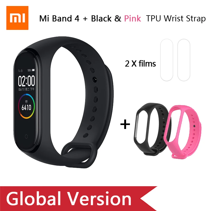 Ad Black Pink strap Глобальная версия, Xiaomi mi-браслет 4 mi Band 4, музыкальный цветной экран, фитнес-частота сердечных сокращений, Bluetooth 5,0, умные часы, Russina - Цвет: Ad Black Pink strap