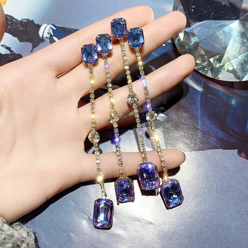 FYUAN, винтажные длинные висячие серьги с кисточками для женщин,, Bijoux, квадратные, фиолетовые, шампанского, хрустальные висячие серьги, вечерние ювелирные изделия, подарок