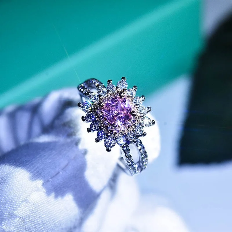 

New women ring electroplating pt950 simulation color diamond pink diamond carat color diamond wedding ring diamond ring female