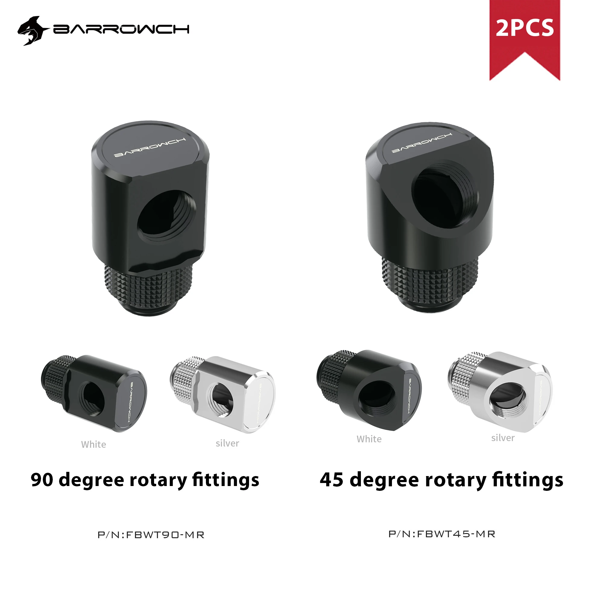 

Barrowch 2pcs 45°/90° Rotary fittings Adapter 'G1/4' thread black/silver water cooling Adaptors Metal Male to Famale FBWT45-MR