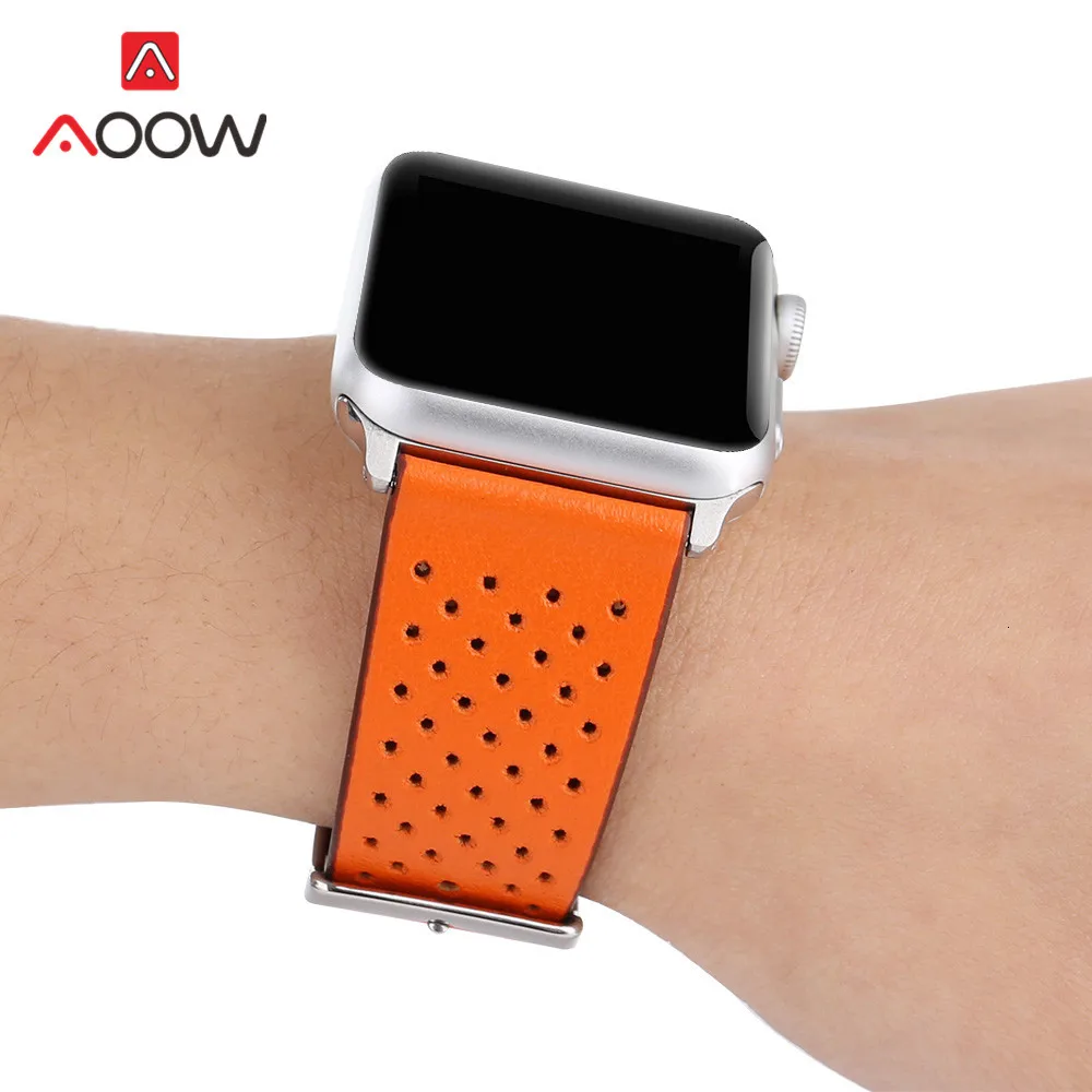 Ремешок для часов из натуральной кожи для Apple Watch, 38 мм, 42 мм, дышащий ремешок для мужчин и женщин, ремешок для iwatch 1, 2, 3, 4