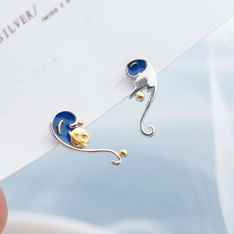 Подлинное 925 пробы серебро Голубая Эмаль звездное небо &quotВан Гог&quot &quotСтад