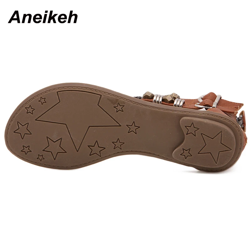 

Aneikeh 2021 Summer Women's Shoes Metal Decoration PU Casual Ankle-Wrap Fashion Thong Sandalias Novelty Mixed Ethnic Colors ZIP