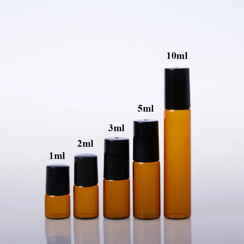 

50pcs/lot Hot Sale 1ml 2ml 3ml 5ml 10ml Amber Glass Roll on Bottles Test Vials with Roller Ball for Doterra Essential Oil