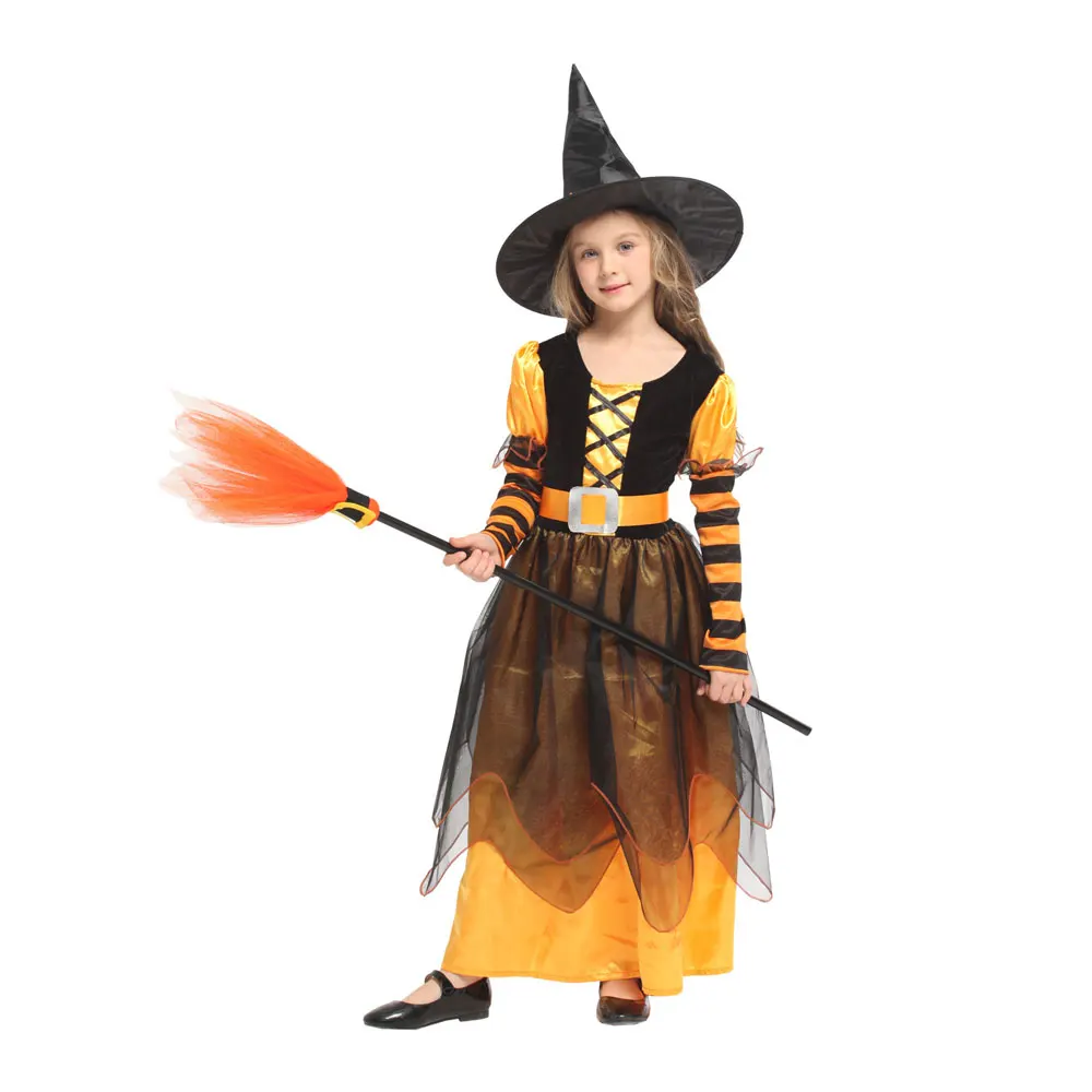 Малый озорный оранжевый черный костюм ведьмы костюмы для девочек Хэллоуин Пурим