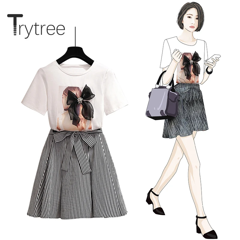 

Trytree 2020 Summer Women two piece set Casual O-neck Bow Loose T-shirt Tops + Skirt Stripe Belt Fashion Set 2 piece set
