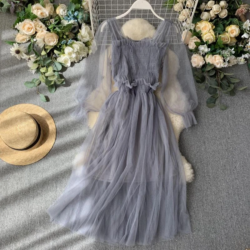 Французское платье феи летнее кружевное принцессы с квадратным вырезом супер