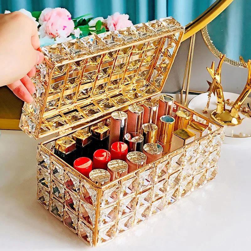 

Luxury Makeup Lipstick Organizer Crystal Box Home Desktop Cosmetics Lip Gloss Container Storage Tray with Cover