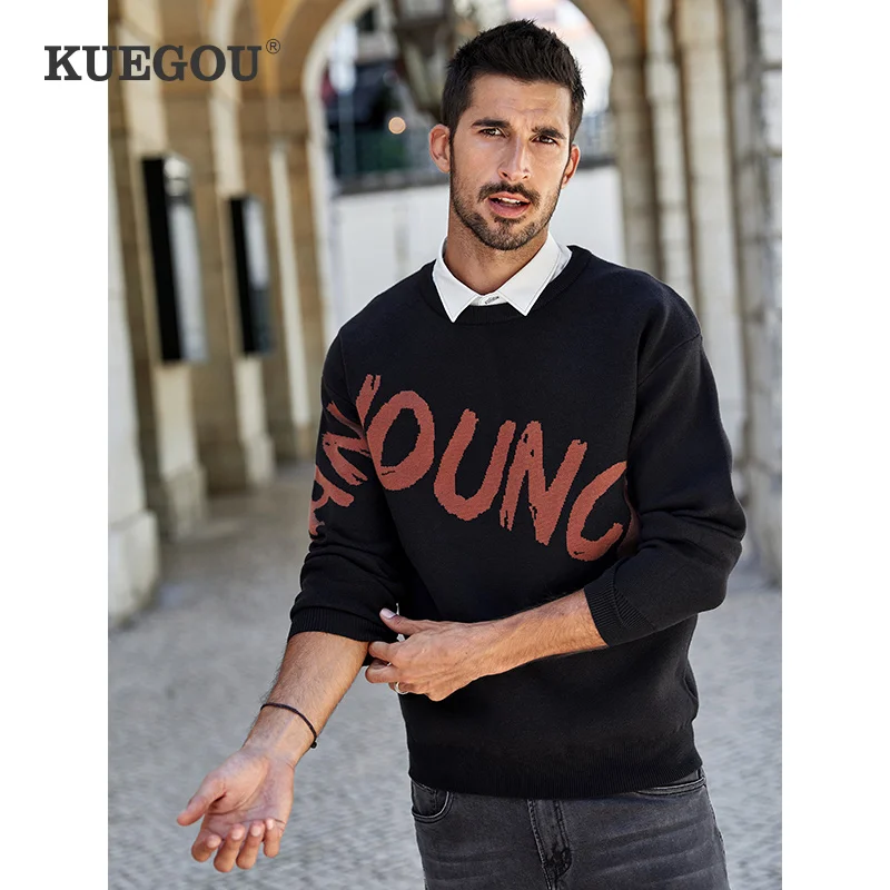 

KUEGOU autumn winter clothing pullovers Man's Knitting sweater warm fashion Letter jacquard sweaters men top plus size AYZ-9139