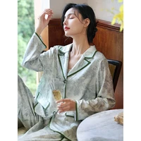 maison gabrielle 2021 fall new floral printed silk satin pajamas set loungewear sleepwear for women 2 pieces long sleeve pyjama