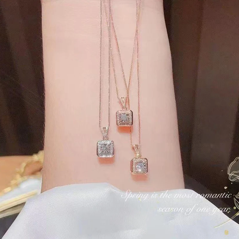 

925 Sterling Silver Cute Princess Cut Bling Cubic Zircon CZ Square Pendant Necklace For Women Gift Fashion Temperament Jewelry