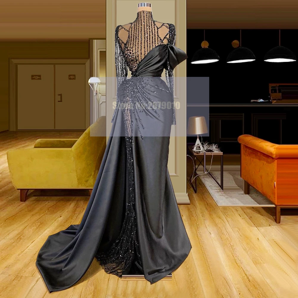 

Sparkly Black Mermaid Evening Dresses Long Sleeves Sequins Floor-Length Prom Dress Robe De Soiree Aibye Middle East Formal Dubai