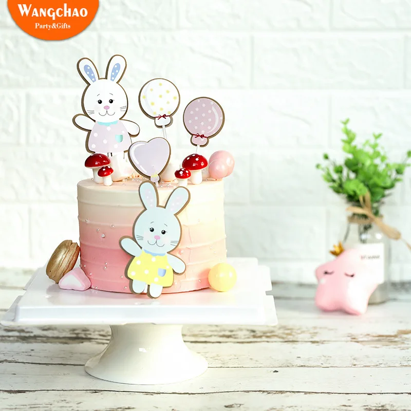 

Double Layers Cute Bunny Balloon Party Cake Topper Kawaii Rabbit Child Happy Birthday Cake Decoration Party Supplies