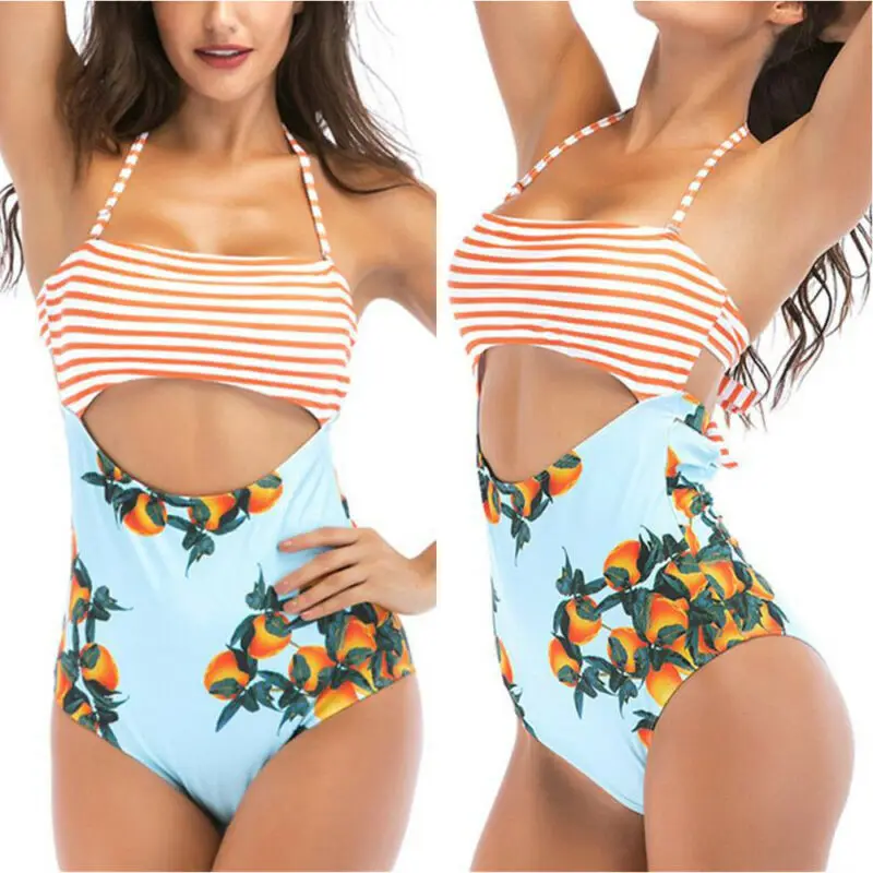 

Women Stripe Swimwear One Piece Swimsuit Monokini Print Bikini Bathing Summer