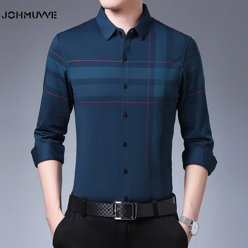 

JOHMUVVE Men Lapel Long-Sleeved Classic Retro Striped Loose Shirt Casual Business Fashion All-Match Men Four Seasons Shirt