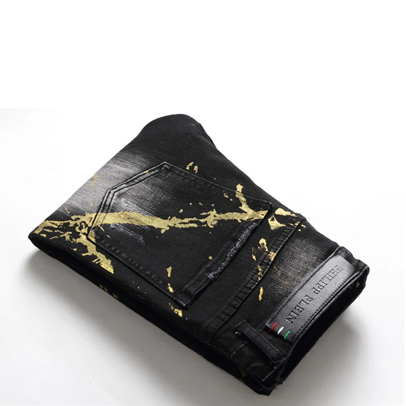 

Fall Winter New Tattered Men's Slim PP Wash Ripped Jeans Black Paint Splash Tight Stretch Fashion Male Trousers