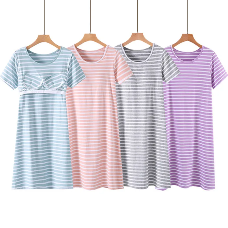 Fdfklak M-3XL Casual Striped Nightgowns For Women New Short Sleeve Modal Night Dress Summer Female Nightshirt 2022 Home Clothes