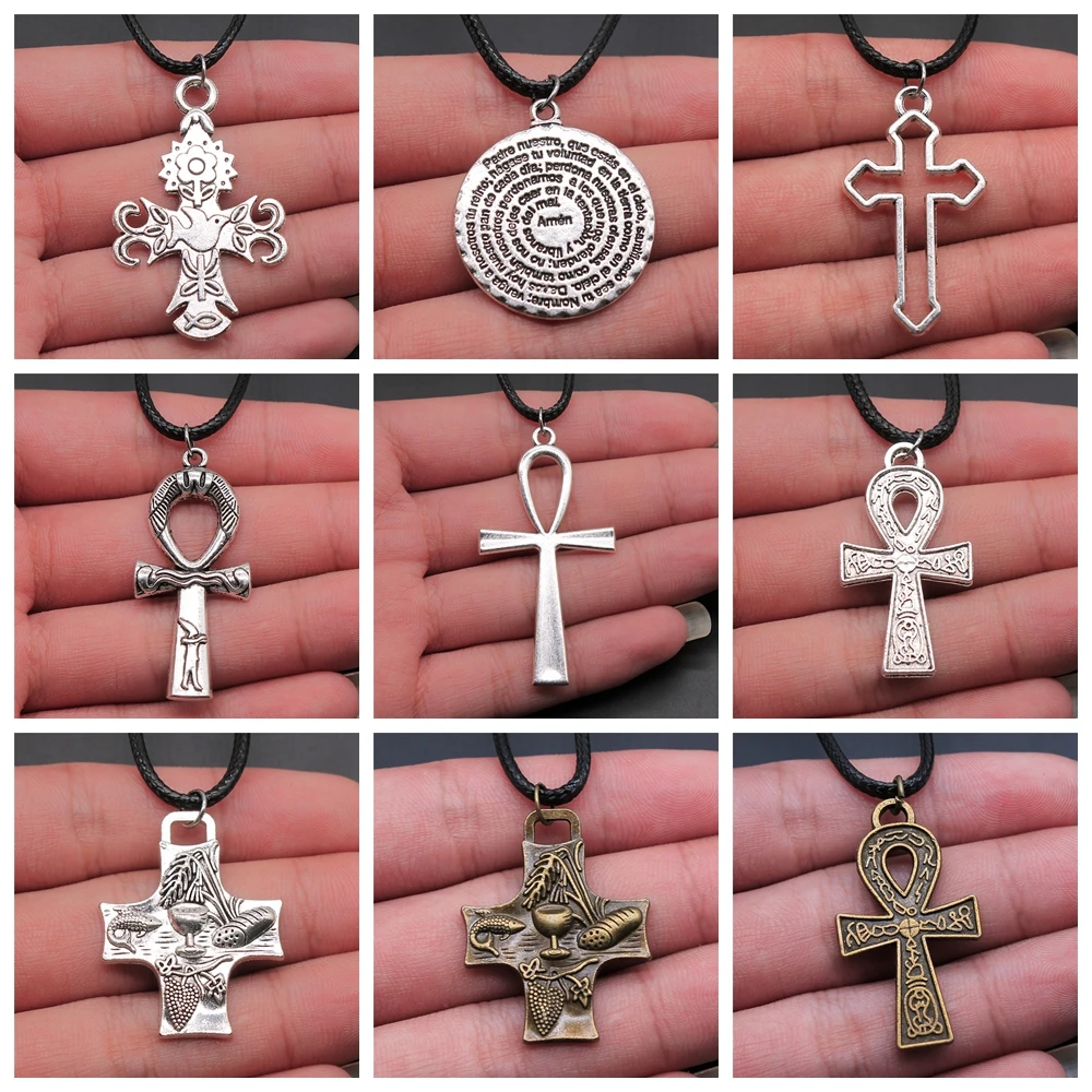 Цепочка с подвеской-крестом для мужчин и женщин ожерелье из черной кожи