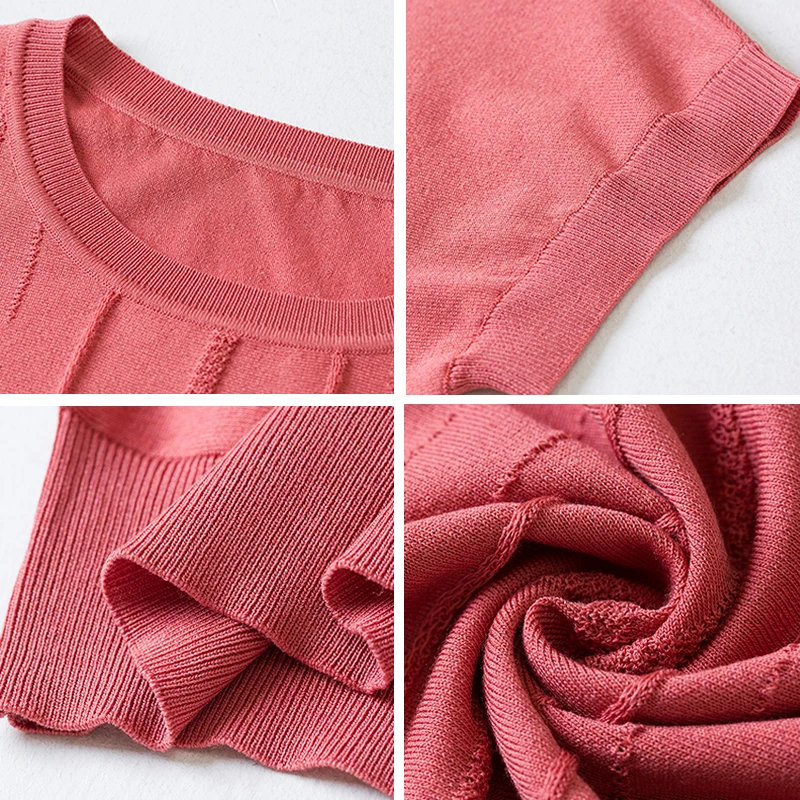 

Casual Summer Short Sleeve O-Neck Knitted T-Shirt Women Fashion Short Knitwear Tops Korean Style Loose Elastic Jumper Tees
