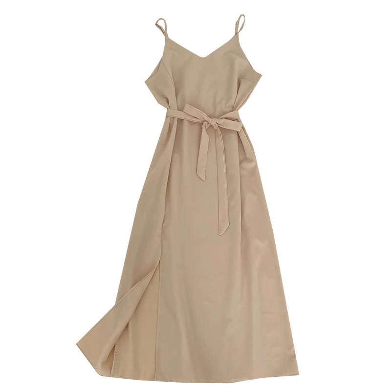 

2021 summer new style and versatile solid color V-neck waist strap mid length split suspender dress for women