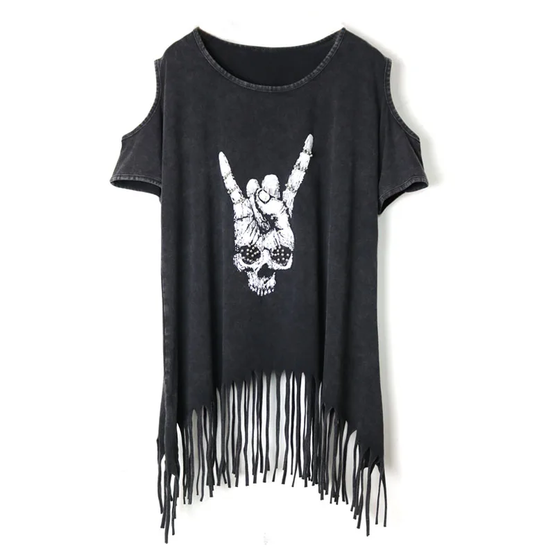 

Tassel Hem Pleated T shirt Fashion New Print Pattern Pullover 2020 Summer Off the Shoulder Punk Rock Style Loose Women Tops