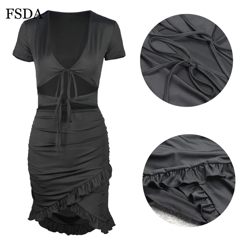 

FSDA V Neck Ruffles Sexy Party Dress Orange Black Women Summer Beach White Short Sleeve Hollow Out Ruched Lace Up Bow Dresses
