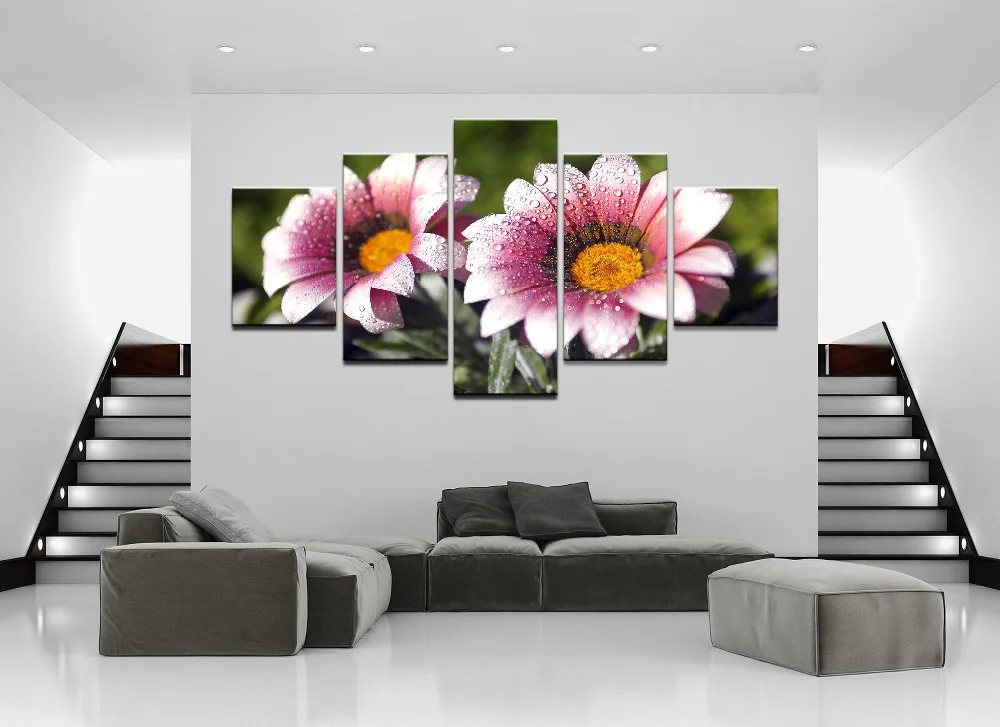 Canvas Wall Art Pictures Living Room Home Decorative 5 Pieces Dew Pink Flower Painting HD Printed Poster Modular Framework | Дом и сад