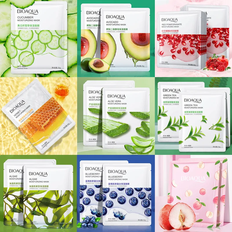 

BIOAOUA 10PCS Fruit Facial Masks Peach Avocado Aloe Blossom Face Mask Skin Care Whitening Moisturizing Anti-Aging Sheet Mask