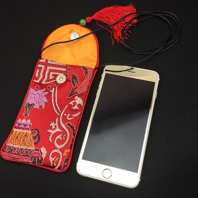 10pcs Tassel Neck rope Glasses Pouch Craft Bag Packaging Chinese Silk Brocade Women Universal Cell Phone Purse Cover Wholesale