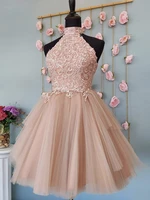 short vestidos de cocktail dresses peach pink color sexy halter sleeveless cut out back a line pleats mini homecoming gowns prom