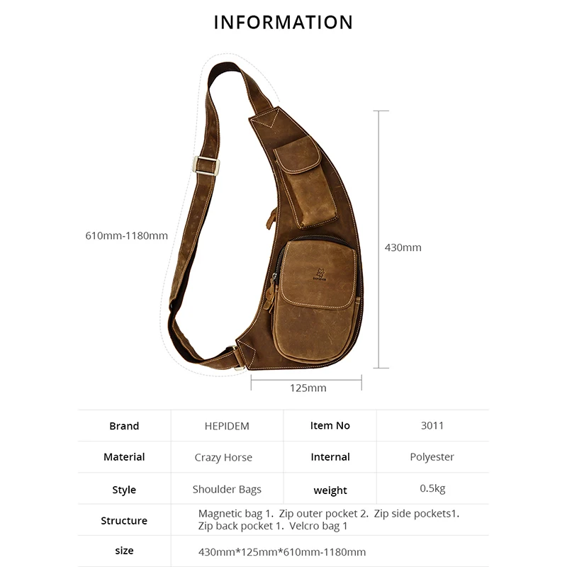 HEPIDEM Crazy Horse Leather Chest Bag Men Fashion Casual Crossbody Travel FBI Genuine Leather Bags 3011