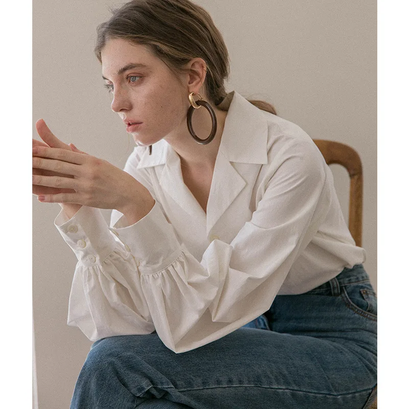 

Women's Shirt Blouse Vintage French White Lantern Sleeve Designer Shirts Office Lady Camisas De Mujer Elegantes 2020