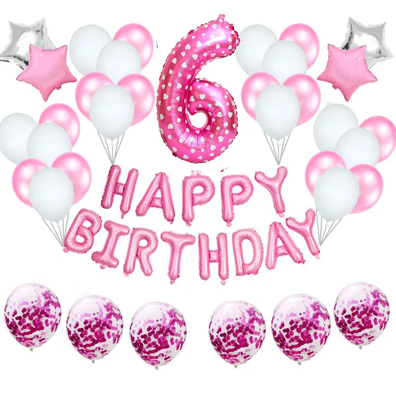 

36pcs Pink Number Foil Latex Balloons Happy Birthday Party Decorations Kids Baby Girl Princess 1st 1 2 3 4 5 6 7 8 9 Years Old