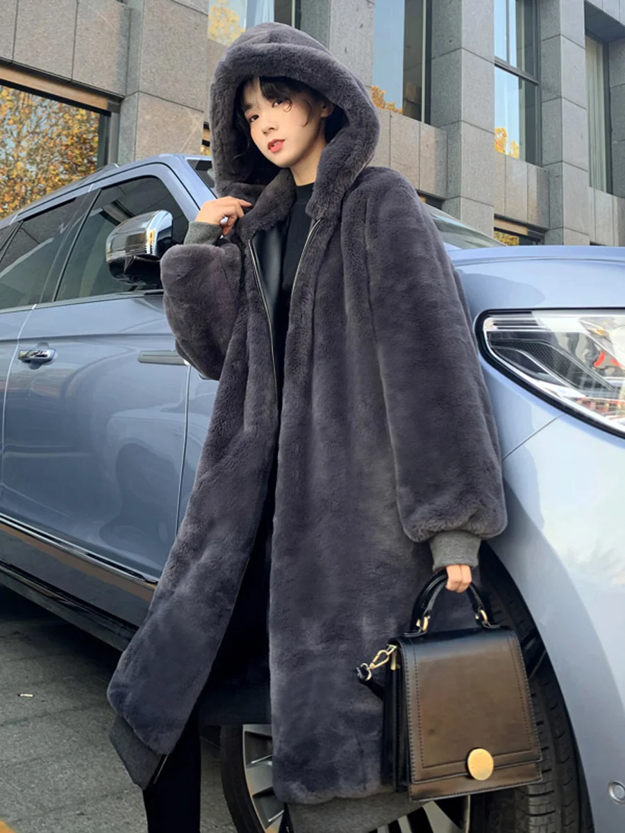 New fake grass coat hat zipper black double-sided Plush long women's autumn and winter casual coat
