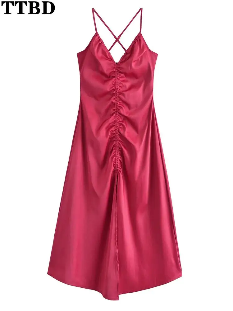 

TTBD Ladies sexy backless dress fashion elegant new year's thin strap slit midi dress woman's drawstring pleated evening dress