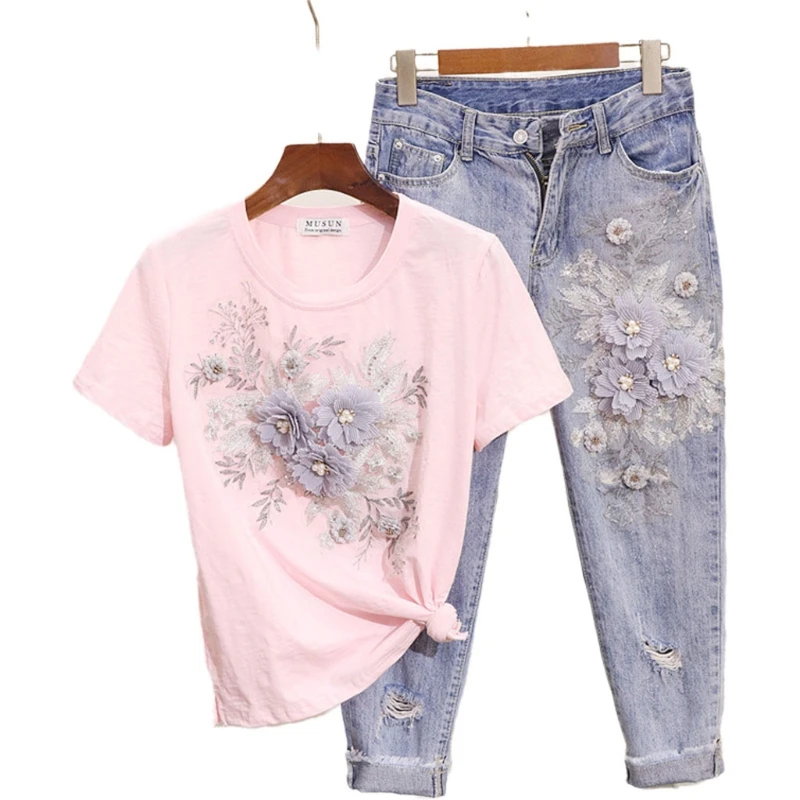 

Summer Fashion Women Embroidery 3D Flower T-shirts Jeans Two Pieces Set Suits