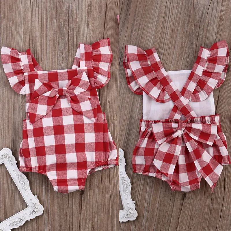 

2021 Summer Fashion Newborn Baby Girl Cotton Check Plaid Sleeveless Plaid Romper Jumpsuit Outfit Set