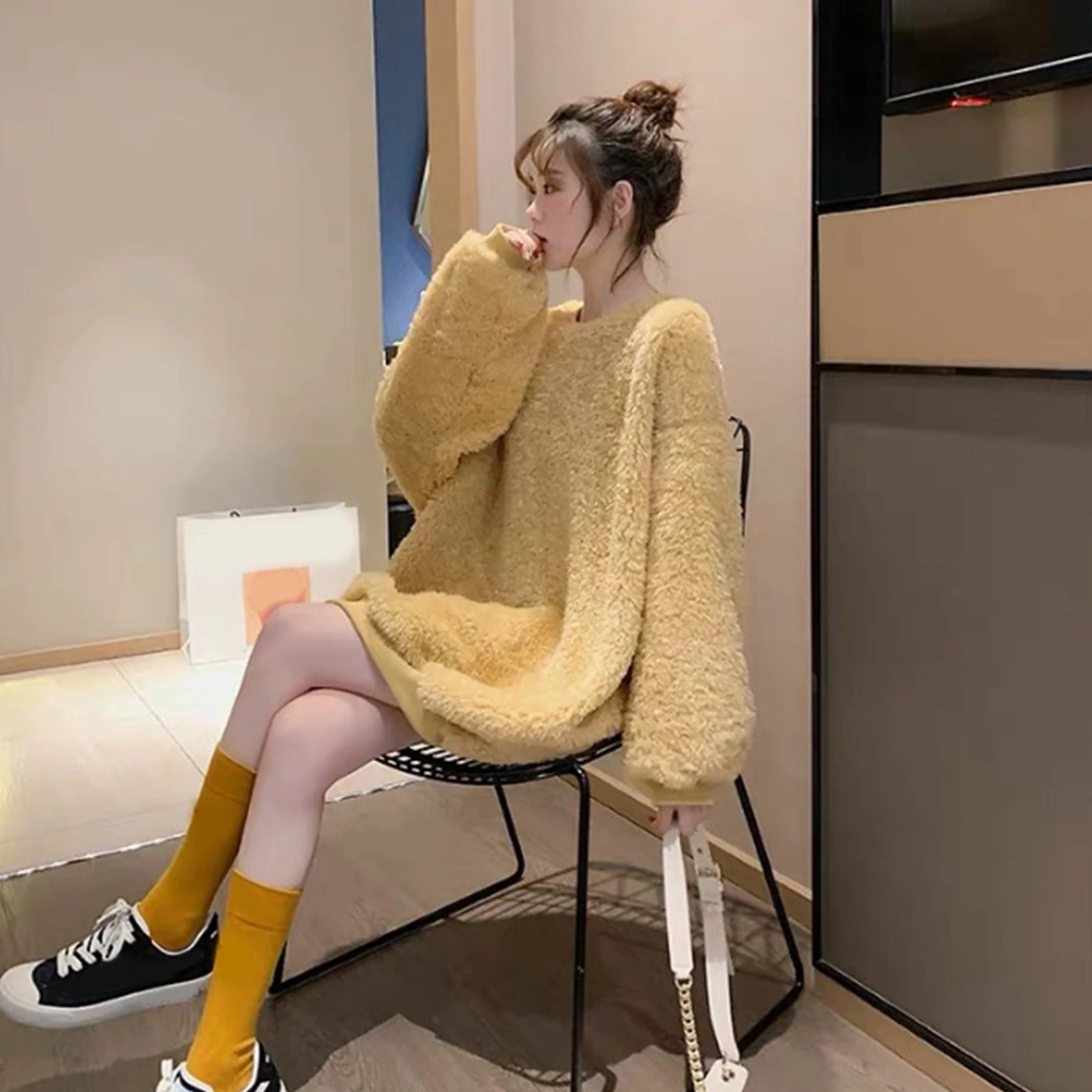 Women Autumn Winter Solid Color Pullover Plush Thick Oversized Sweatshirt Hoodie