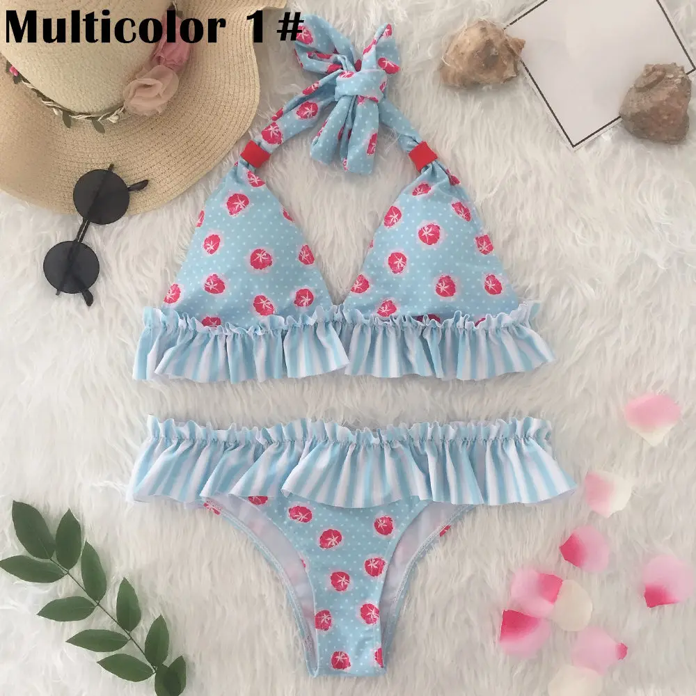 Multicolor 1 Цветочный купальник с бретелькой через шею, сексуальный, бикини для женщин, гофрированный купальник-бикини треугольной формы с v-образным вырезом, купальный костюм, пляжная одежда с открытой спиной, бикини - Цвет: Multicolor 1