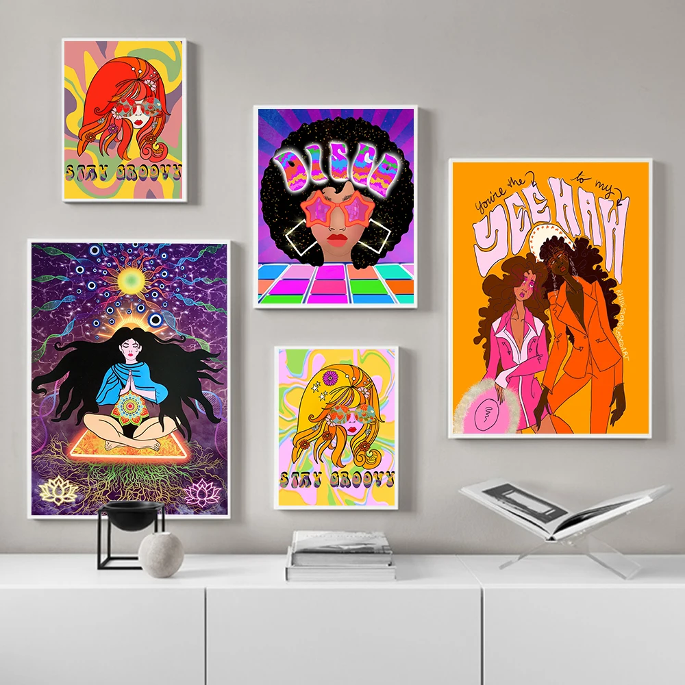 

Bohemian Retro Psychedelic Poster 60s 70s Disco Colourful Canvas Painting Abstract Yoga Pose Wall Picture Living Room Home Decor