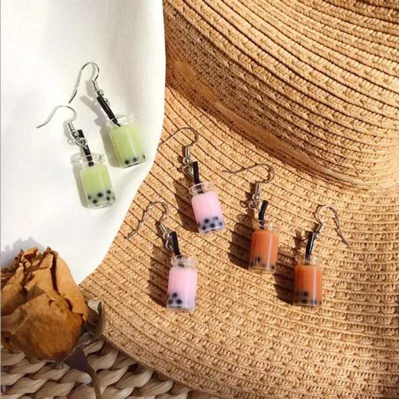 

1 Pair Korea Creative Harajuku Pearl Milk Tea Earrings Fun Personality Simulation Girl Eardrop