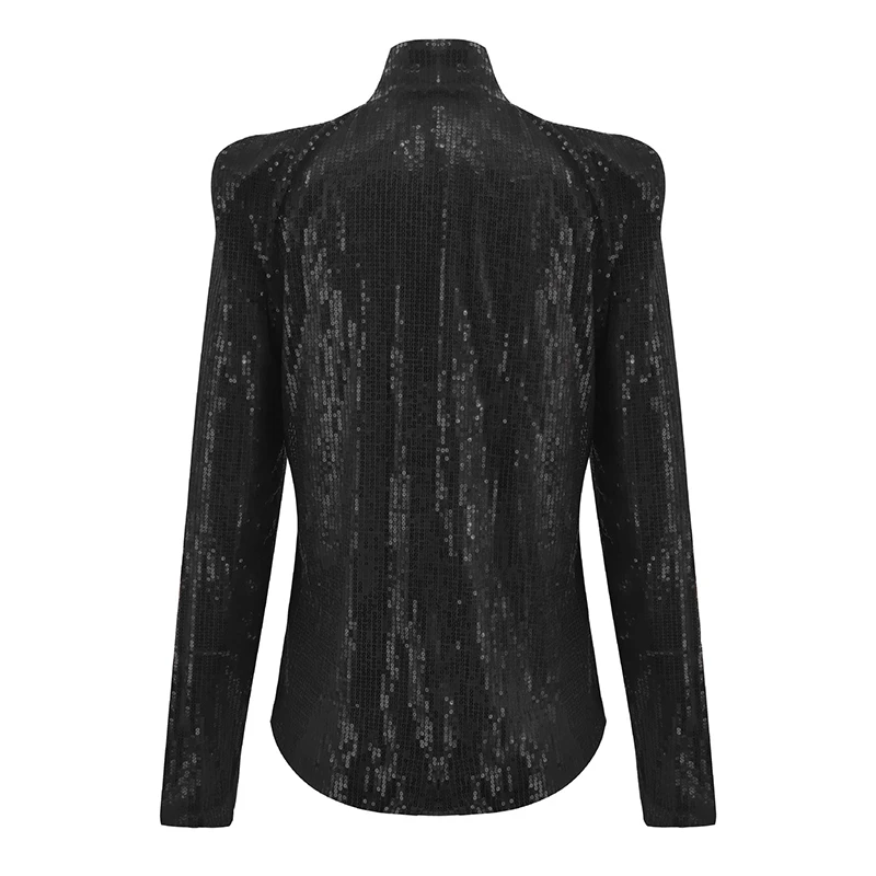 2XL блестящая женская куртка с блестками и длинным рукавом, модное пальто со стоячим воротником, Осень-зима, Женская Блестящая однотонная верхняя одежда, топы