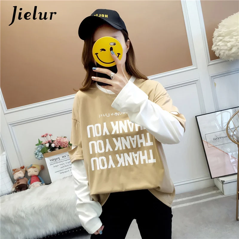 Apricot Jielur Осенние футболки с буквенным принтом для женщин с дырками черная Лоскутная футболка Женская Весенняя корейский шикарная свободная футболка с длинным рукавом - Цвет: Apricot
