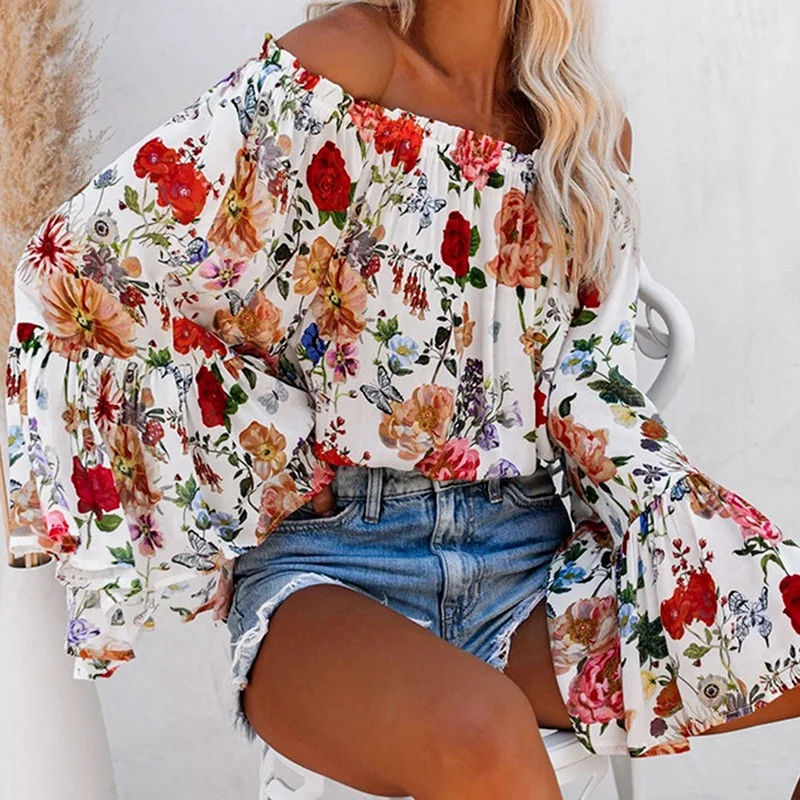 

2021 Elegant Women Fashion Clothing Women Cottagecore Top Hedging Sexy Loose Strapless Long Flare Sleeves Floral Loose Tops